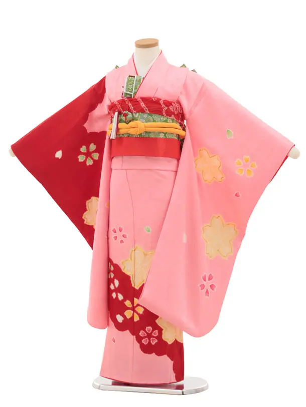 七五三(7歳結び帯)Y465【正絹】ピンク 赤 桜