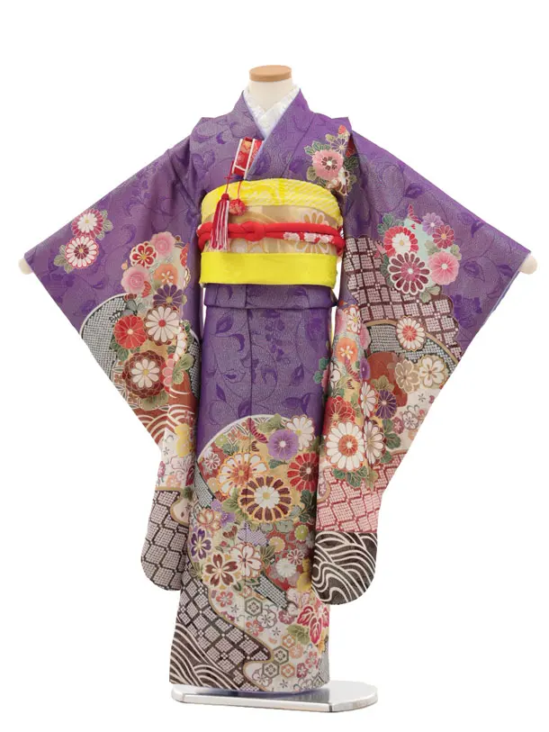 七五三(7歳袋帯)Y478【高級正絹】桂由美 紫地 金彩 波に花