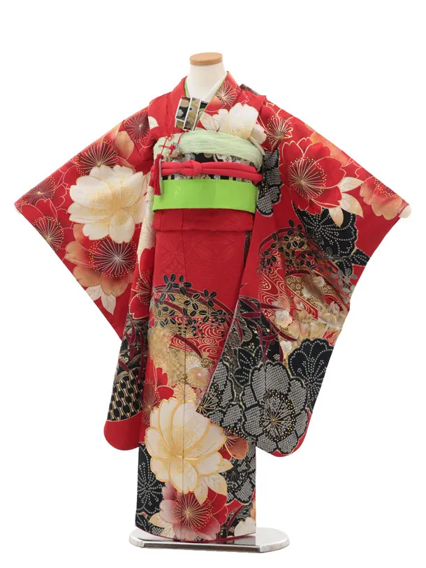 七五三(7歳結び帯)Y480【正絹】赤地 花