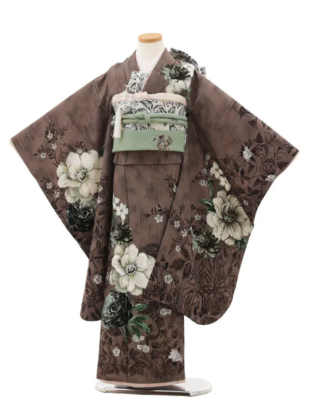 411ag34◎七五三 七歳 女児 着物&開き帯 鶴松竹藤 金彩 紅型風◎ 411ag34◎七五三 七歳 女児 着物&開き帯 鶴松竹藤 金彩 紅型風◎