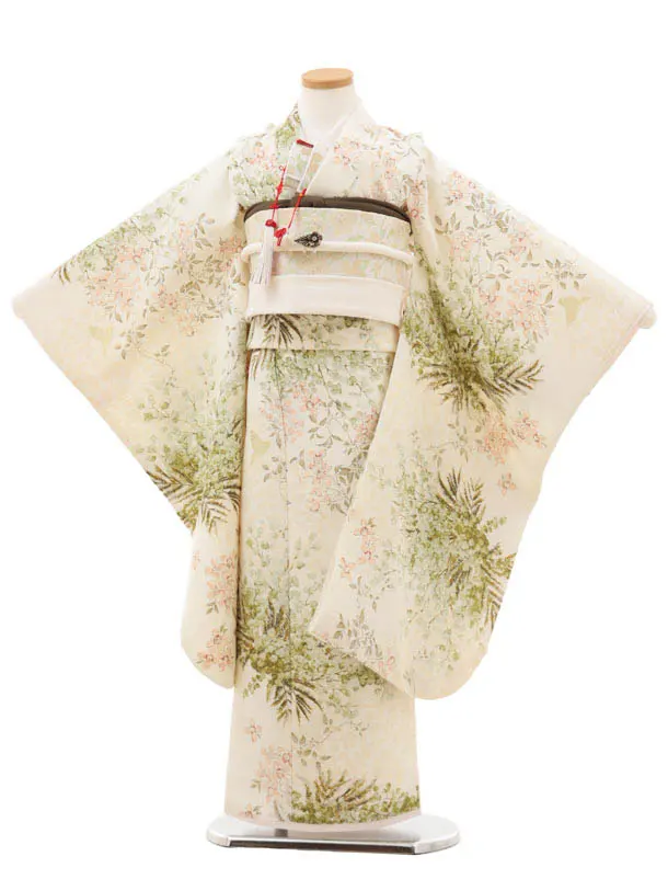 七五三(7歳結び帯)Y501  クリーム色 グリーンミモザ