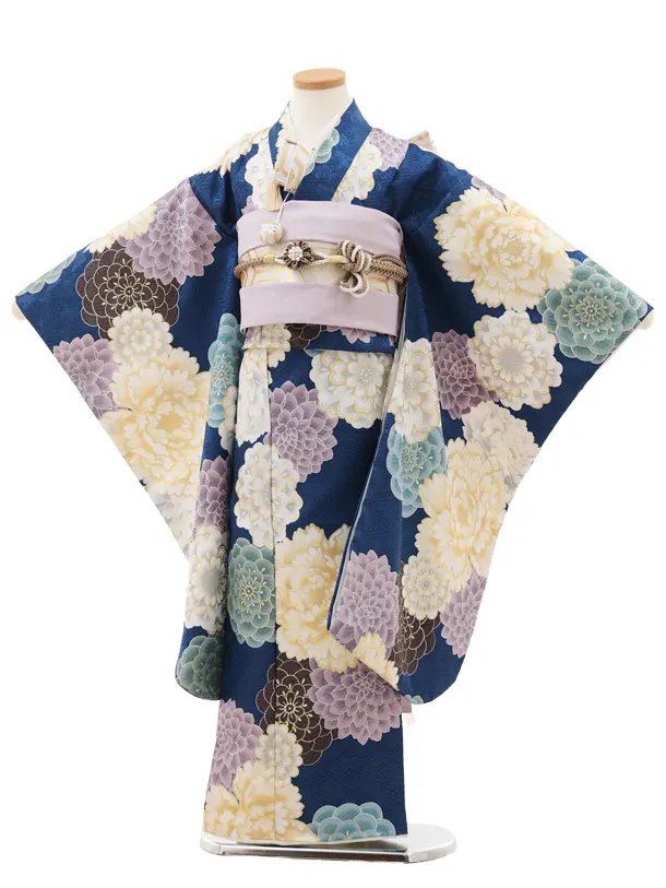 七五三(7歳結び帯)Y505 花わらべ 紺 古典花