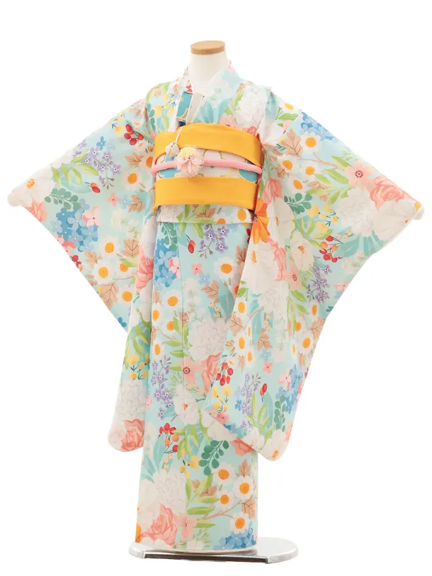 七五三(7歳結び帯)Y507 花わらべ 水色 カラフルフラワー