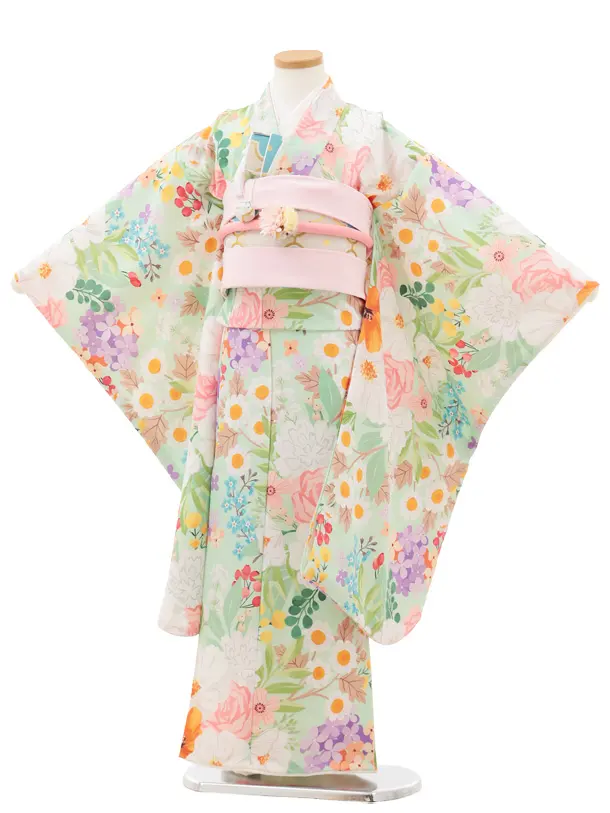 七五三(7歳結び帯)Y546 花わらべ グリーン カラフルカラー