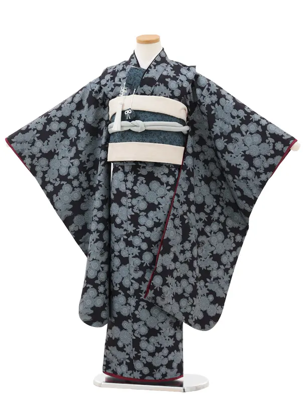 七五三(7歳結び帯)Y553 黒グレー 小花