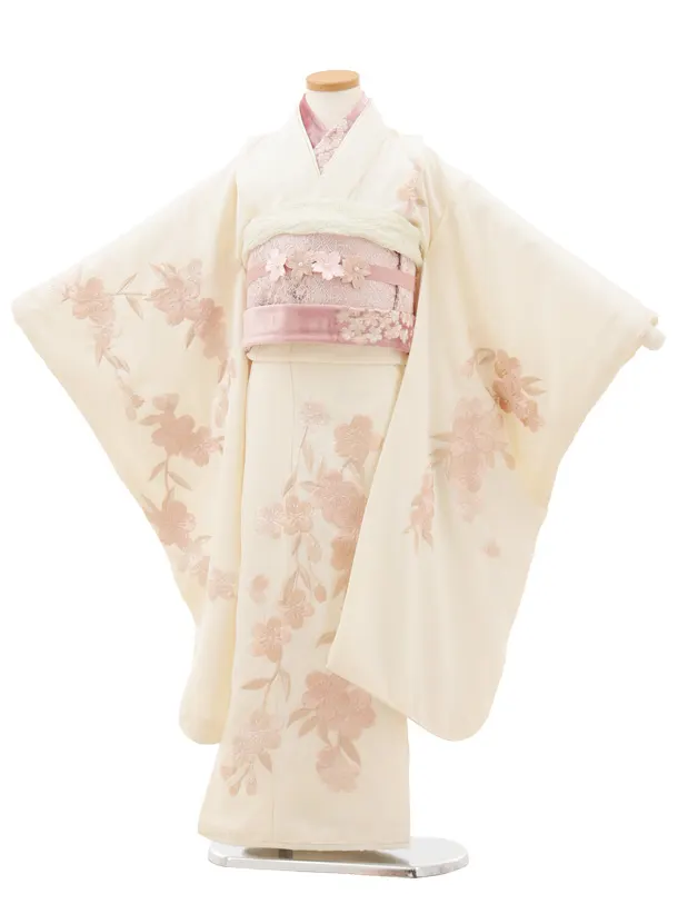 七五三(7歳結び帯)Y555 クリーム地 刺繍桜