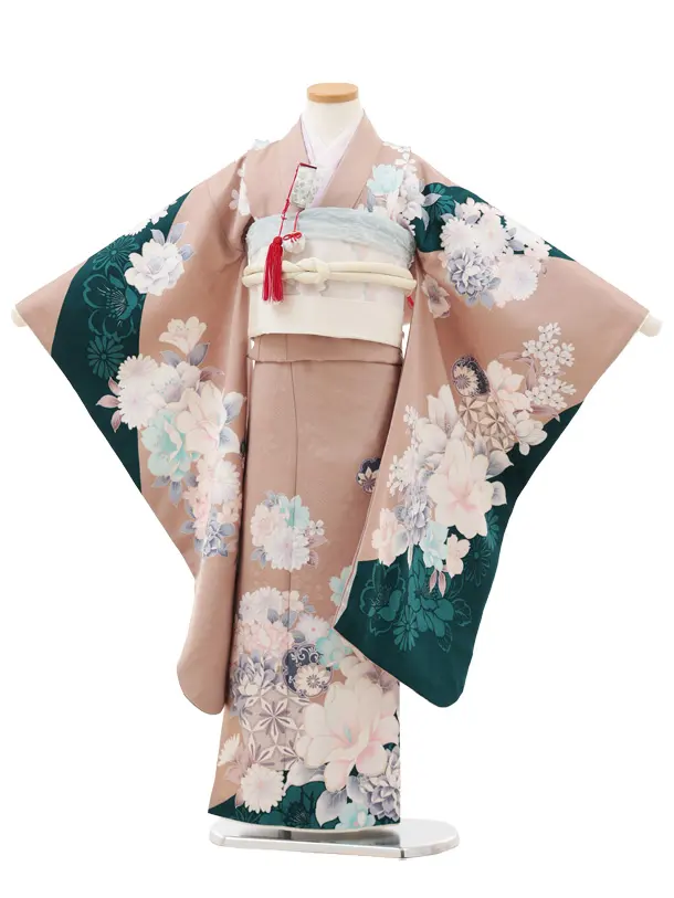 七五三(7歳結び帯)Y559 モカベージュ グリーン 鞠 ブーケ