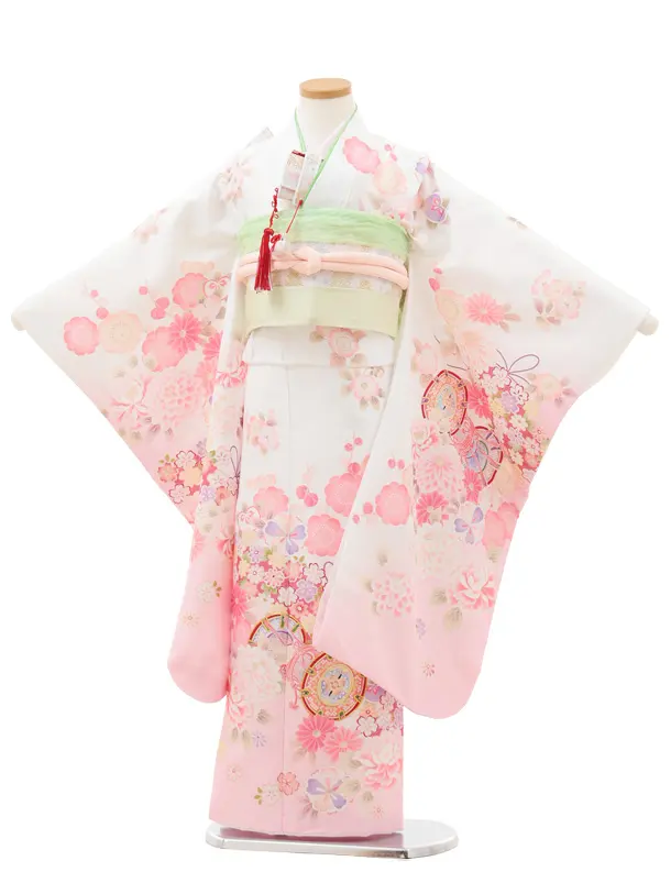 七五三(7歳結び帯)Y561 白地 裾ピンク鼓に薬玉