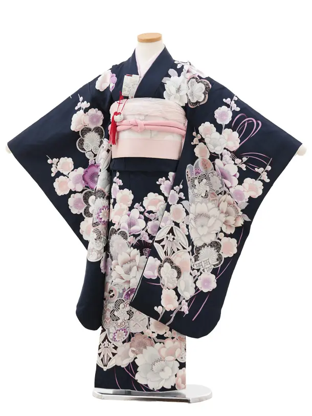 七五三(7歳結び帯)Y563 紺地 梅 牡丹