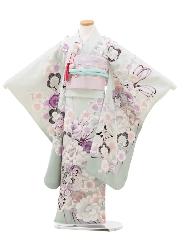 七五三(7歳結び帯)Y564 淡ミント 梅 牡丹