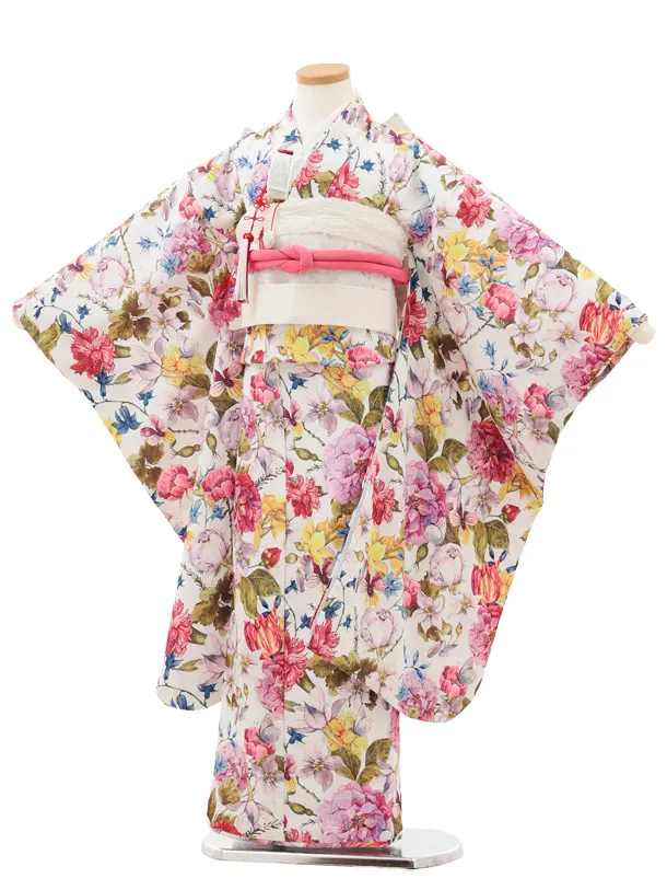 七五三レンタル(7歳女の子結び帯)7824白地波に鶴花 | 着物