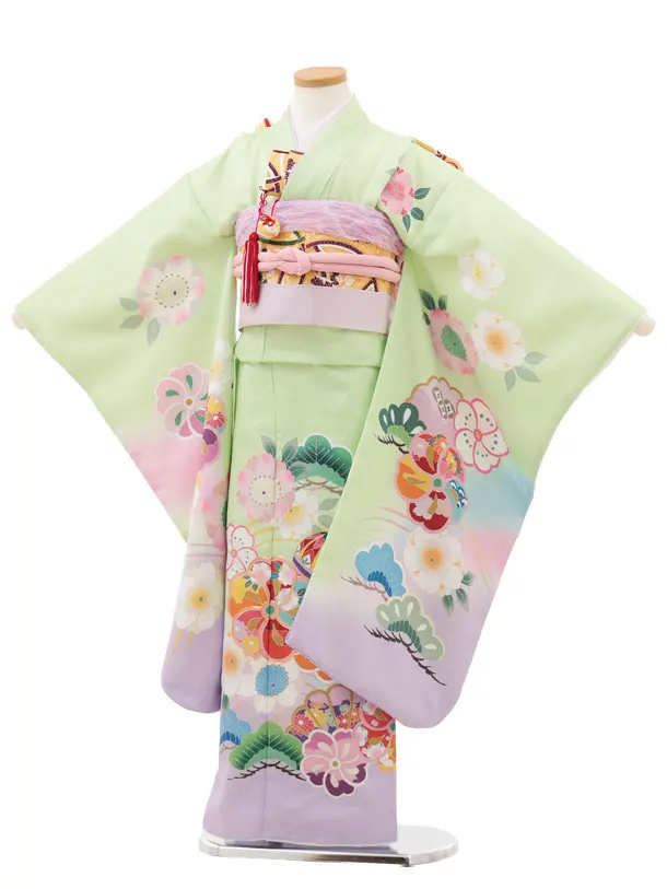 七五三(7歳結び帯)Y582 ライトグリーン 裾パープル 桜