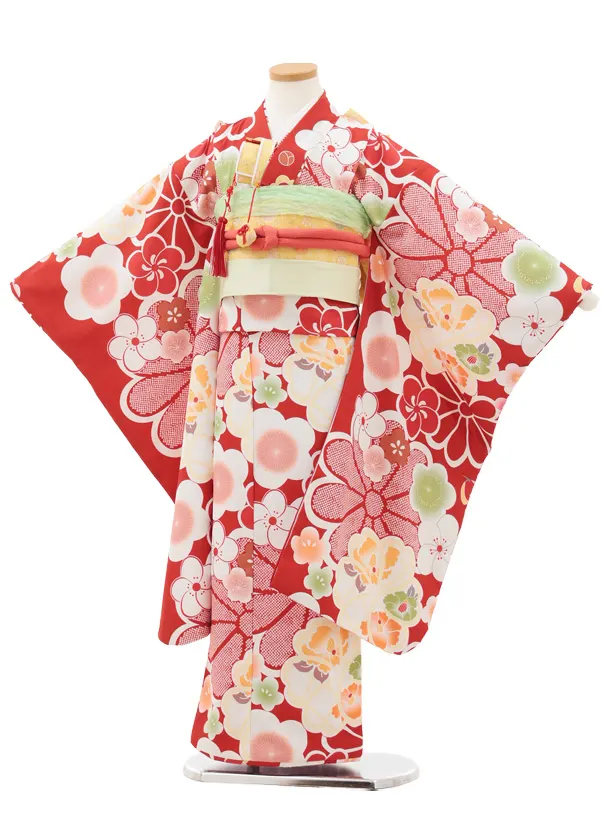 七五三(7歳結び帯)Y583 赤地 古典花