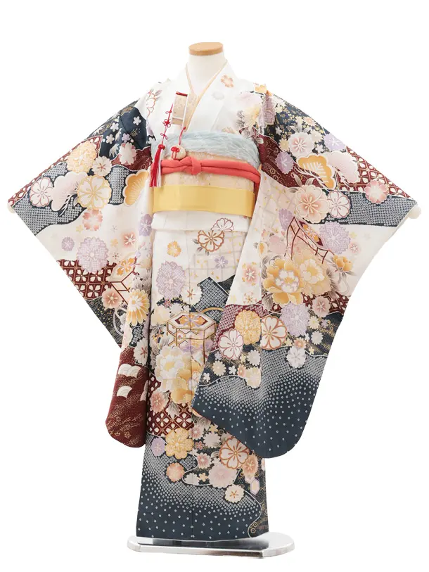 七五三(7歳結び帯)Y587 白地 貝桶 牡丹