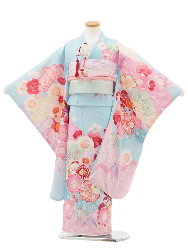 七五三(7歳結び帯)Y589 水色 松竹梅 薬玉