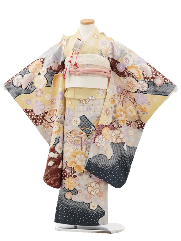 七五三(7歳結び帯)Y590 薄萌黄色 貝桶 牡丹