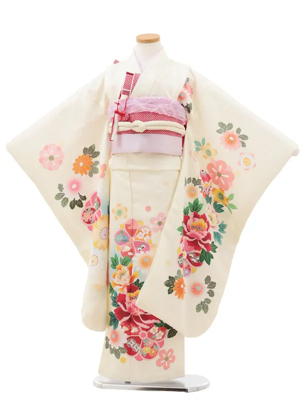 七五三(7歳結び帯)Y591 クリーム 鞠に牡丹