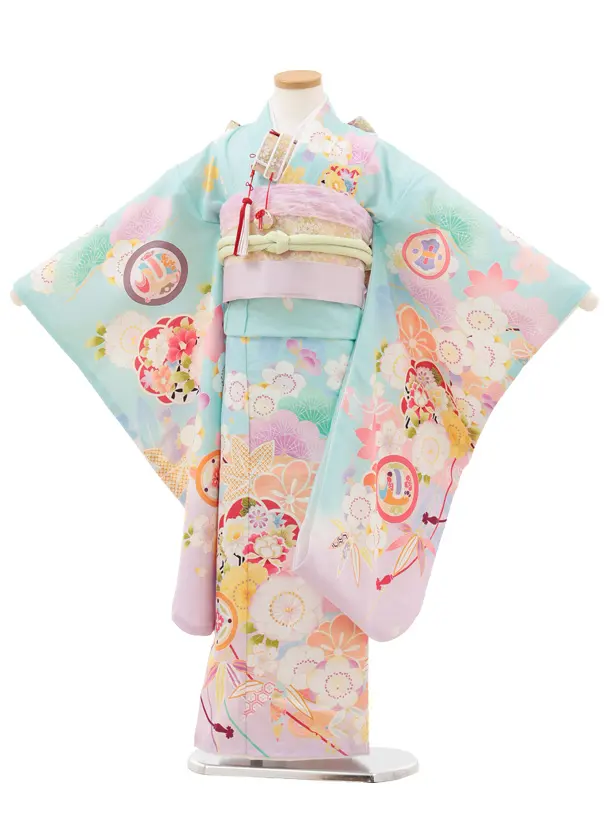 七五三(7歳結び帯)Y599 薄ミント 裾パープル 丸紋 桜