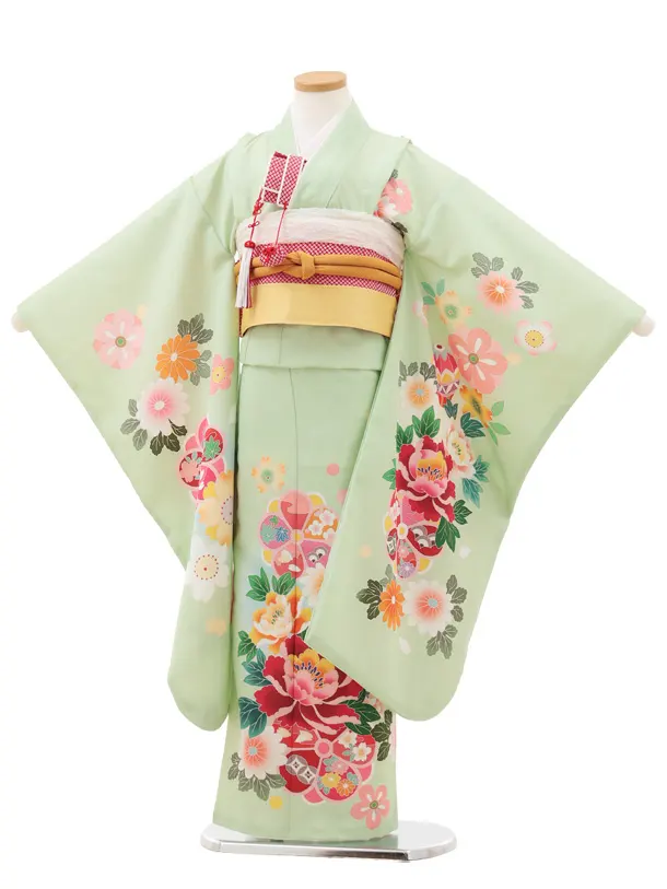 七五三(7歳結び帯)Y604 ペールグリーン 鞠に牡丹