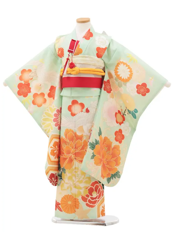 七五三(7歳結び帯)Y606 ペールグリーン 鶴に牡丹