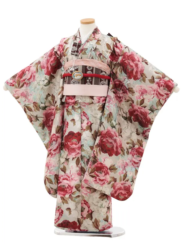 七五三(7歳結び帯)Y608 グレージュ ブルーワイン洋花