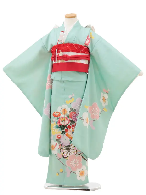 七五三(7歳結び帯)Y612 ミント 花車