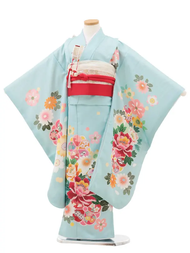 七五三(7歳結び帯)Y615 水色 鞠に牡丹