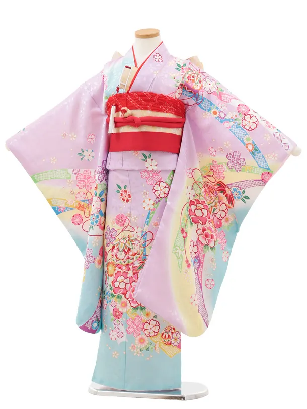 七五三(7歳結び帯)Y617 ラベンダー 裾水色 鞠に花