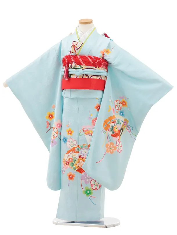 七五三(7歳結び帯)Y620【正絹】水色 檜扇に梅