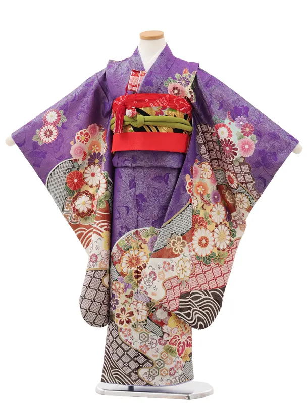 七五三(7歳袋帯)Y478【高級正絹】桂由美 紫地 金彩 波に花