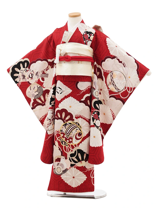 411ag105■七五三 七歳 女児 着物&袋帯 花菱 菊 銀彩■状態良好 1AP7893000_1.webp