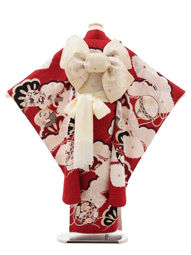 七五三(7歳女児結び帯) 高級正絹Y644 紅一点 赤地 小槌に菱菊