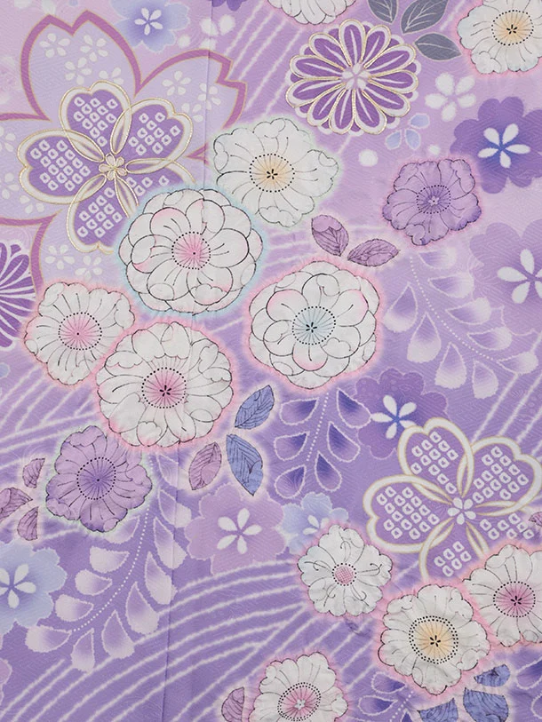 小紋　フルセット　雪輪　葉　ヒラヒラ　可愛らしい　紫色　お散歩　お出掛け　P3 七五三(7歳結び帯)Y668 薄パープル 辻が花調 | 着物レンタルの京都