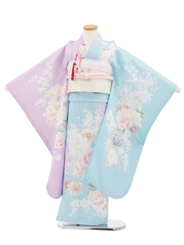七五三(7歳結び帯)Y754 パープル水色片身替り四季花