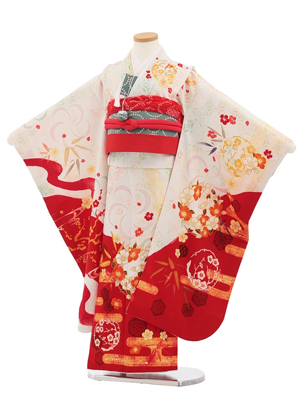 七五三(7歳結び帯)Y775 クリーム 麻の葉 刺繍椿