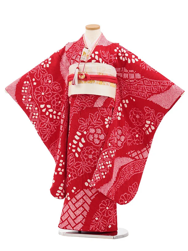 【お値打ち品】上質美品七五三 セット 正絹白赤絞り花柄 帯・帯締め・帯あげ・小物 七五三(7歳結び帯)Y792 【正絹】赤 絞り花 | 着物レンタルの京都かしい