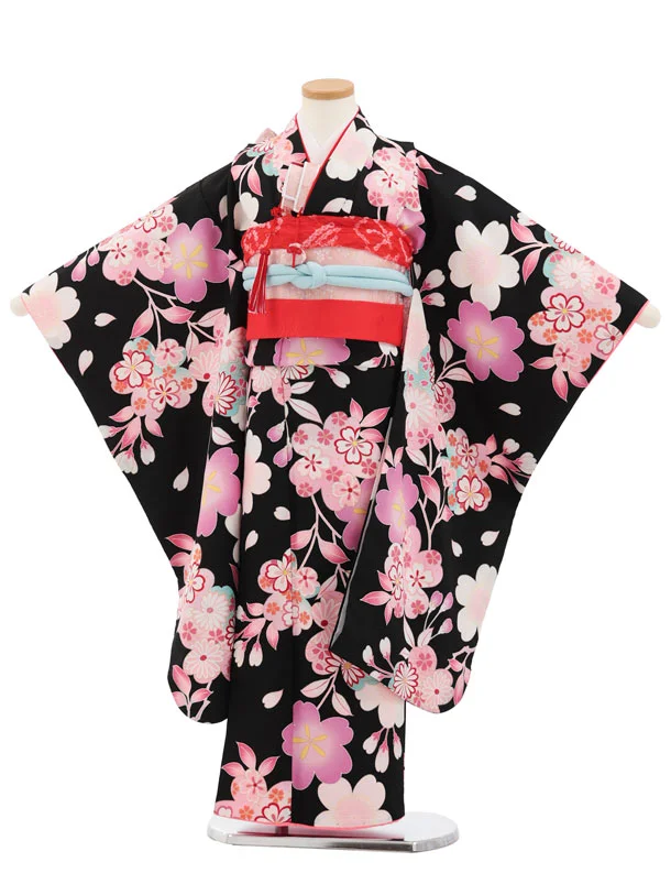 七五三(7歳結び帯)Y847 黒地 桜菊