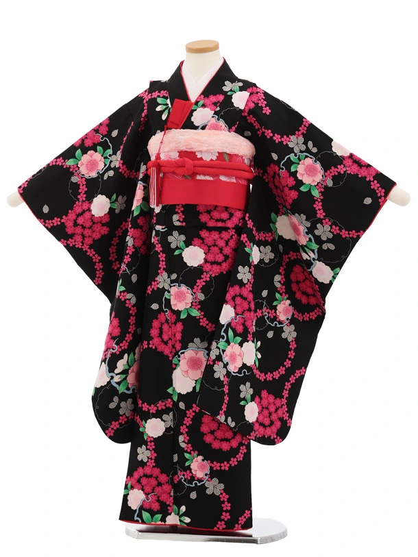 七五三(7歳結び帯)Y874 黒地 桜小花