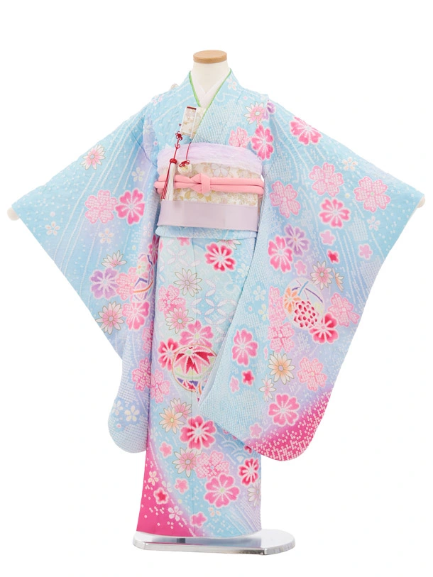 七五三(7歳結び帯)Y885 水色ぼかし まり桜