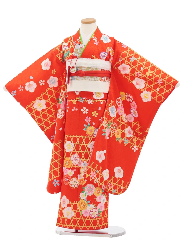 七五三(7歳結び帯)Y907 【正絹】赤橙色 かごめに梅桜