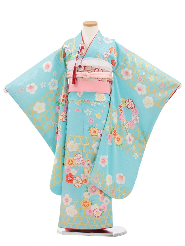 七五三(7歳結び帯)Y908 【正絹】水色 かごめに梅桜