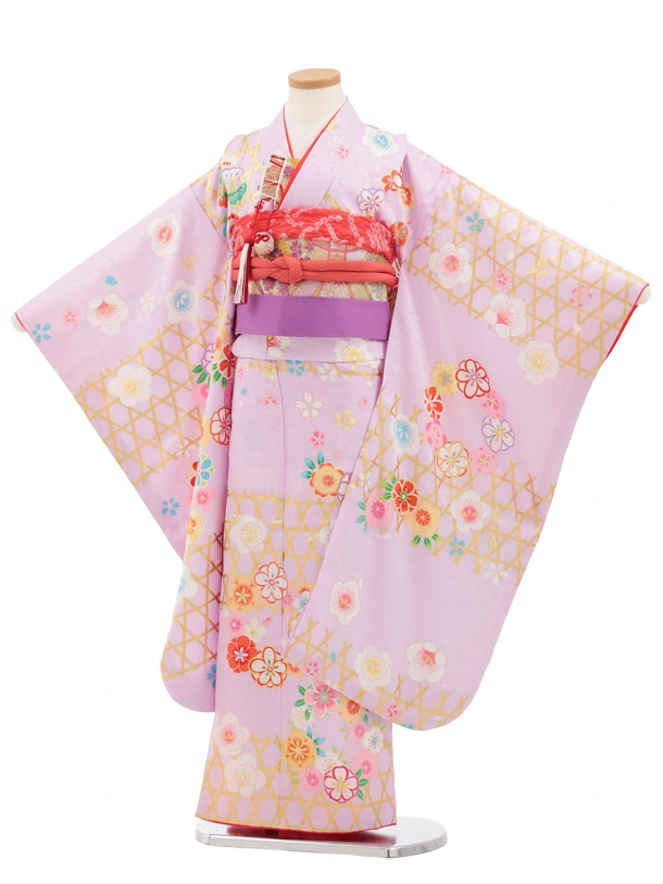 七五三(7歳結び帯)Y909 【正絹】ラベンダー かごめに梅桜