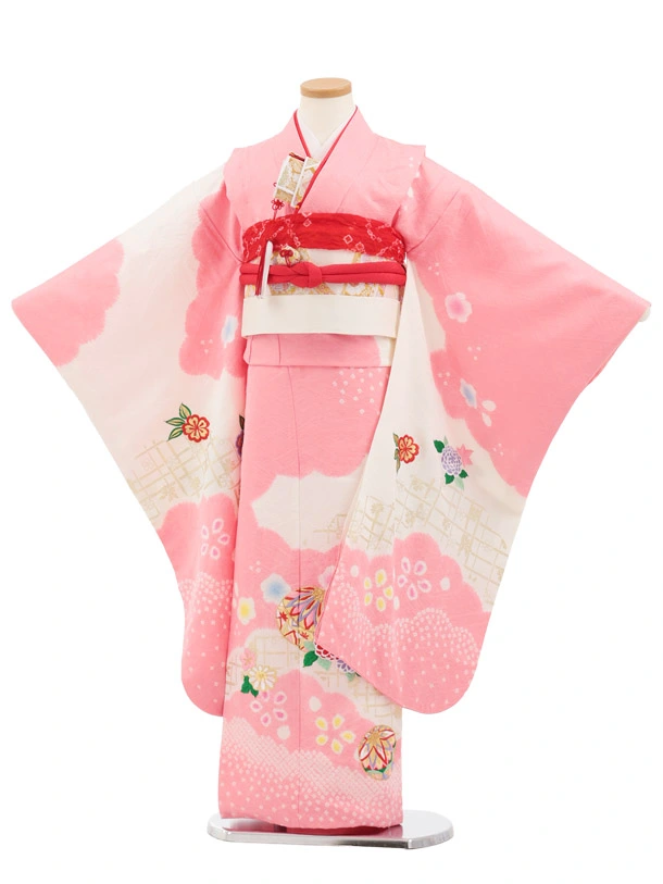 七五三(7歳結び帯)Y922 【正絹】ピンク 刺繍まり花