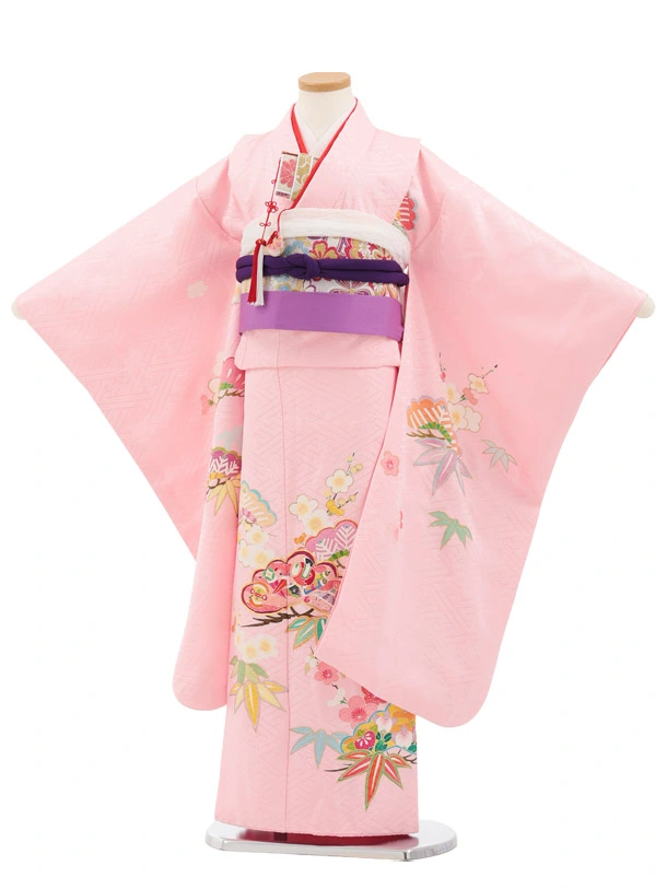七五三(7歳結び帯)Y926 【正絹】ピンク 松竹梅に吉祥文様