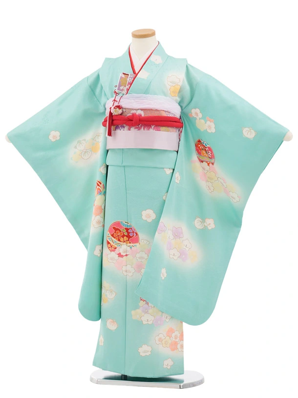七五三(7歳結び帯)Y927 【正絹】うすミント まりに四季花