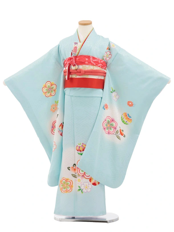 七五三(7歳結び帯)Y932 【正絹】水色 まり花