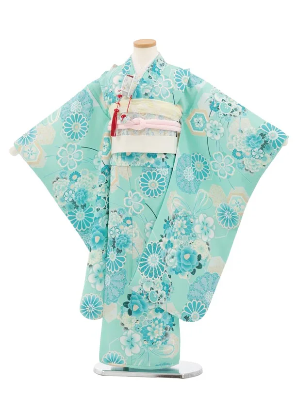 七五三(7歳結び帯)Y940 ペールグリーン 薬玉 菊