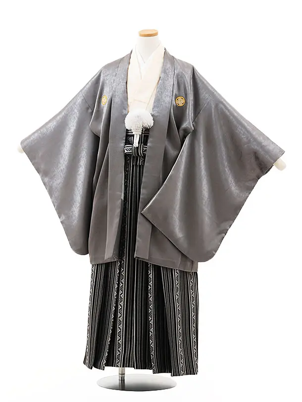 小学生男児袴ﾚﾝﾀﾙZ646 グレーメタリック紋付×黒銀