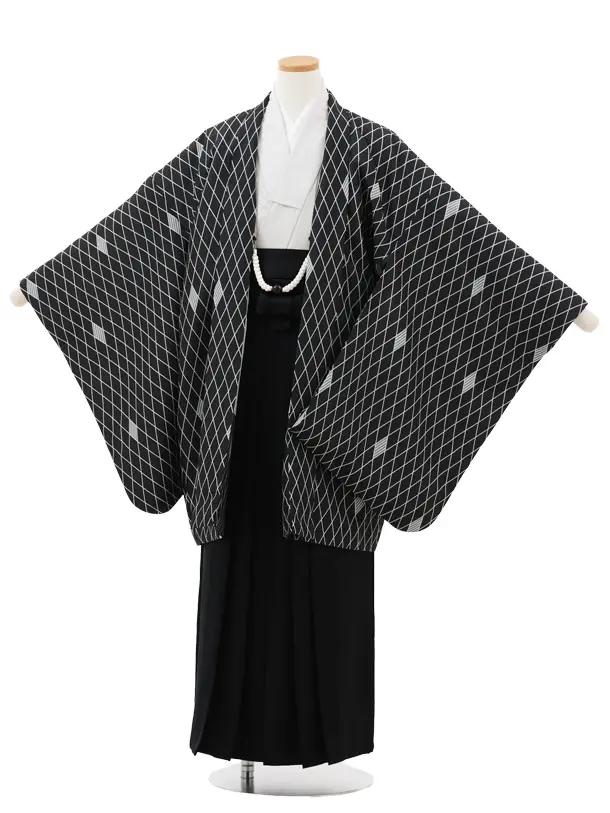 かんたん着付小学生 卒業式 袴 男児Z689 黒地菱×黒