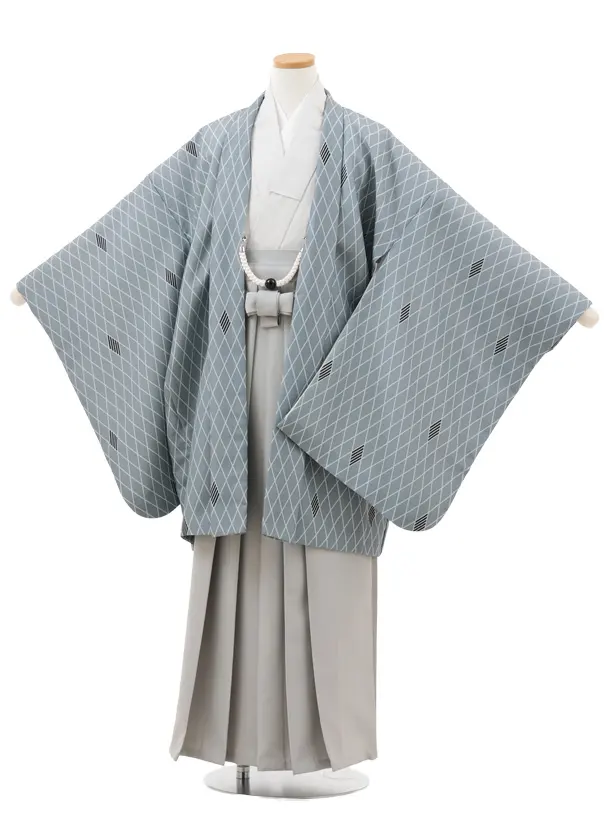 かんたん着付小学生 卒業式 袴 男児Z695 グレー菱×グレー